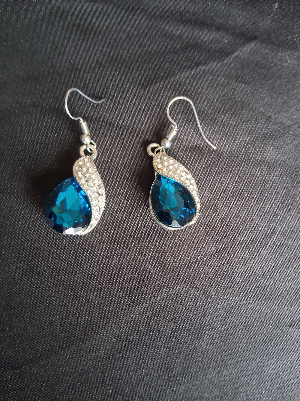 Blue Teardrop Crystal Dangle Earrings with Silver Pavé Detail - Picture 2 of 5
